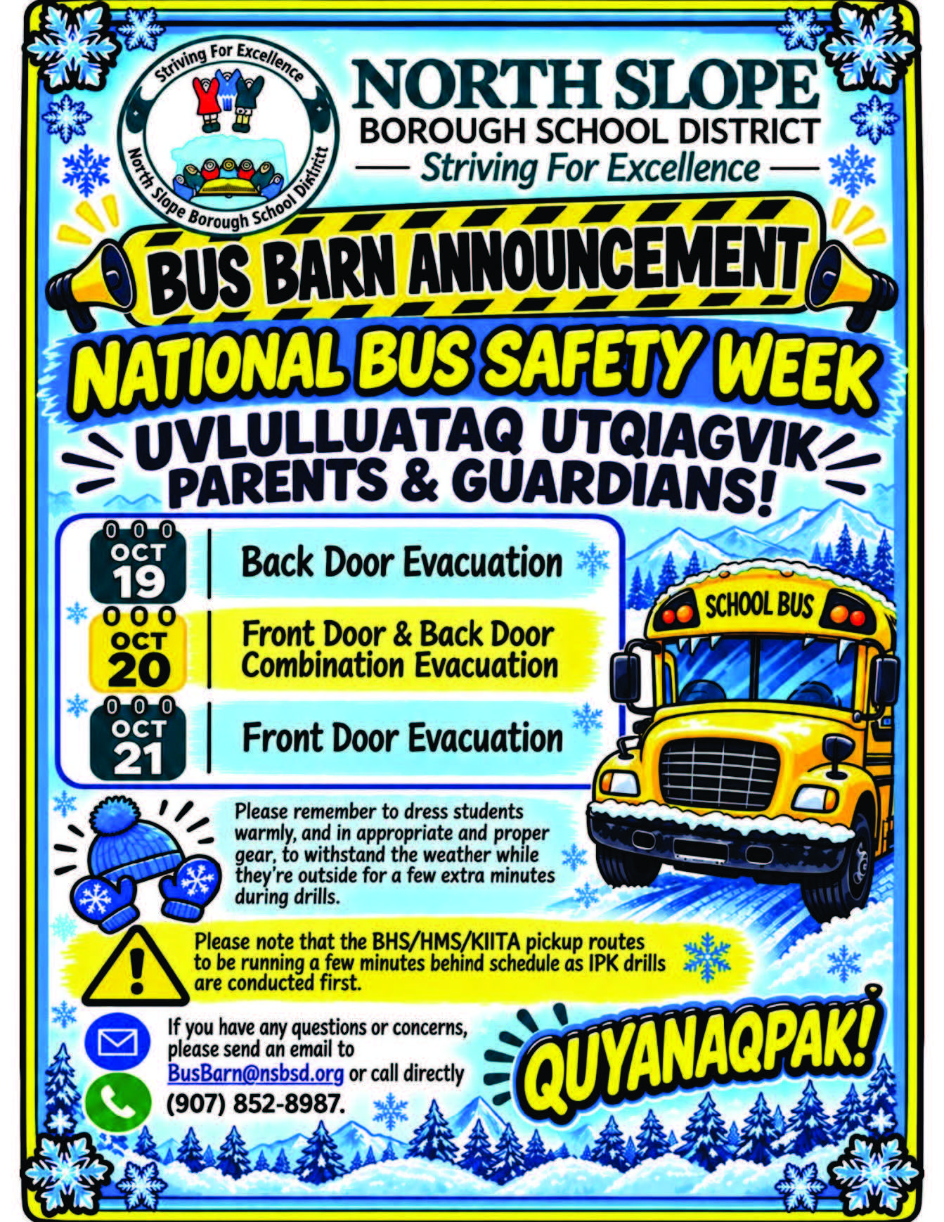 Bus Barn Announcement of evacuation drills held October 19-21, 2026